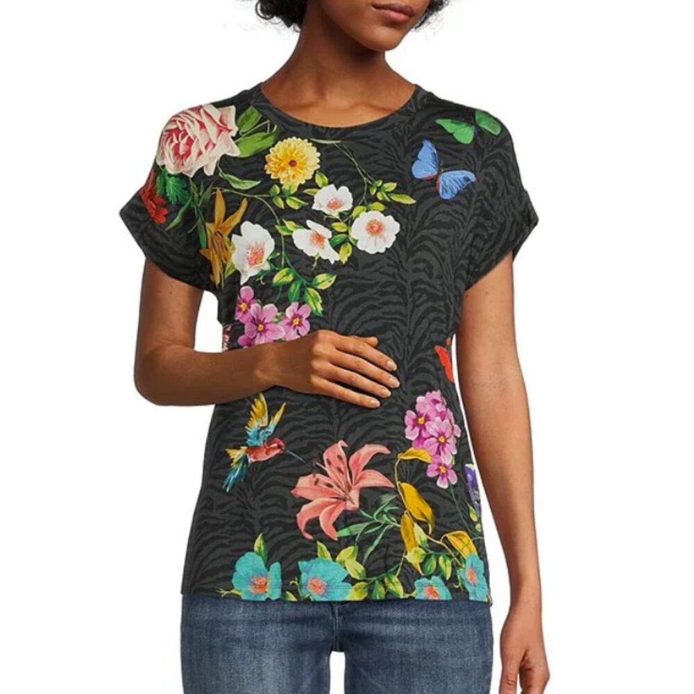 Floral Print Short Sleeve Top - Black